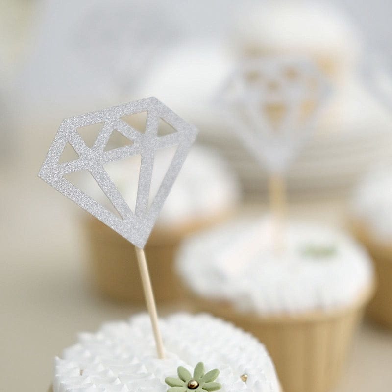 24 Glittered Diamond Ring Cake Toppers - Silver CAKE_TOP_013_DIA_SILV