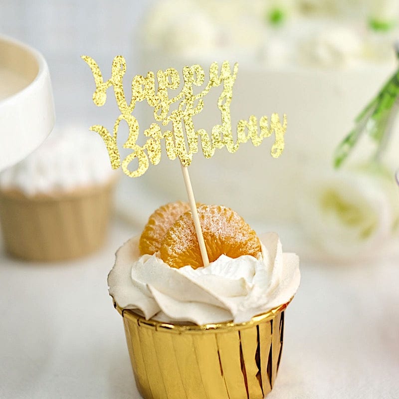 24 Glittered Happy Birthday Cake Toppers - Gold CAKE_TOP_013_BDAY_GOLD
