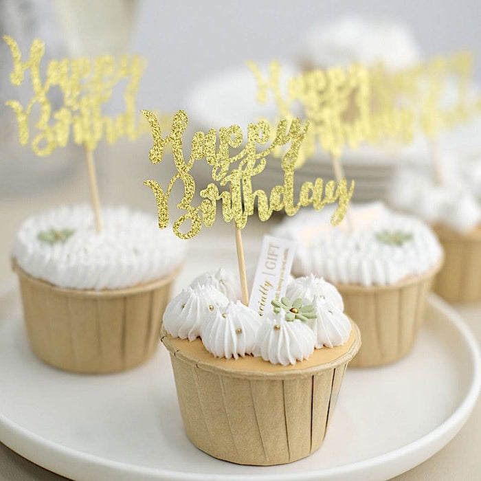 24 Glittered Happy Birthday Cake Toppers - Gold CAKE_TOP_013_BDAY_GOLD
