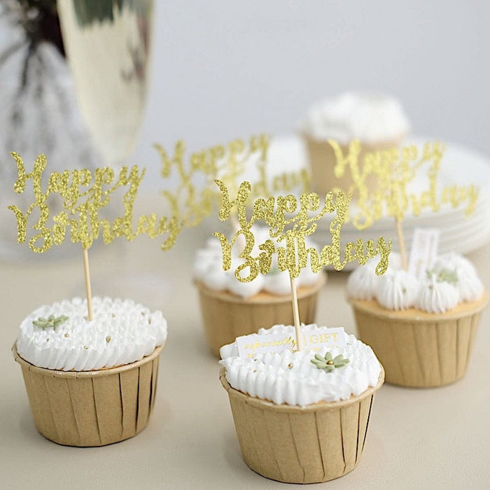 24 Glittered Happy Birthday Cake Toppers - Gold CAKE_TOP_013_BDAY_GOLD