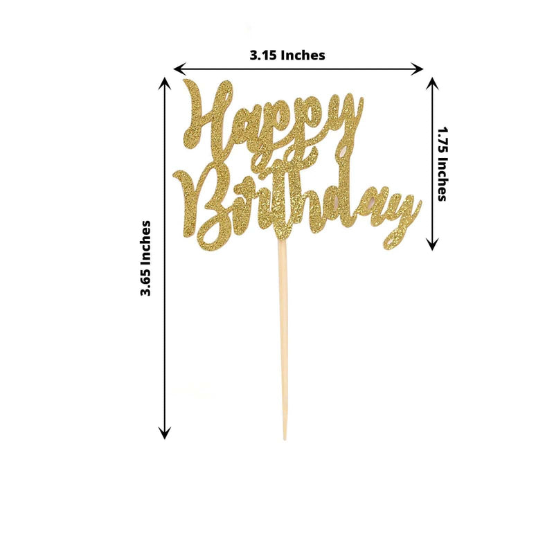 24 Glittered Happy Birthday Cake Toppers - Gold CAKE_TOP_013_BDAY_GOLD