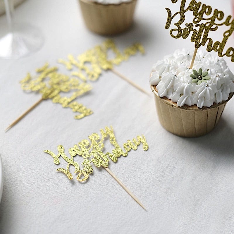 24 Glittered Happy Birthday Cake Toppers - Gold CAKE_TOP_013_BDAY_GOLD