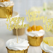 24 Glittered Happy Birthday Cake Toppers - Gold CAKE_TOP_013_BDAY_GOLD