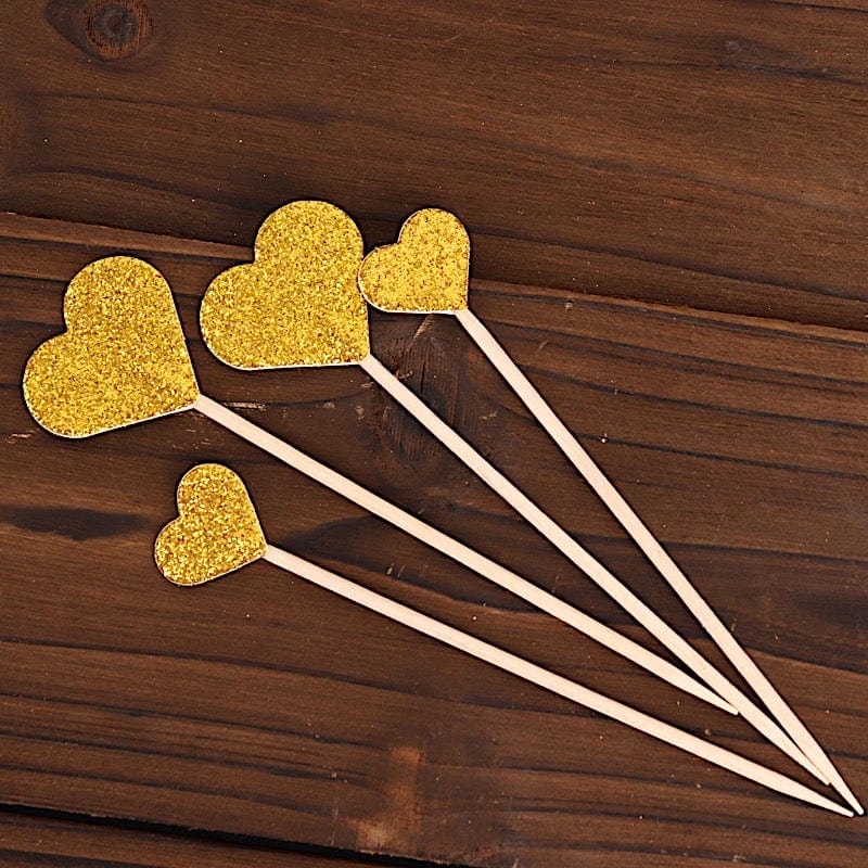 24 Glittered Heart Cake Toppers Picks - Gold CAKE_TOP_013_HRT_GOLD