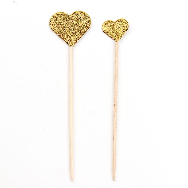 24 Glittered Heart Cake Toppers Picks - Gold CAKE_TOP_013_HRT_GOLD