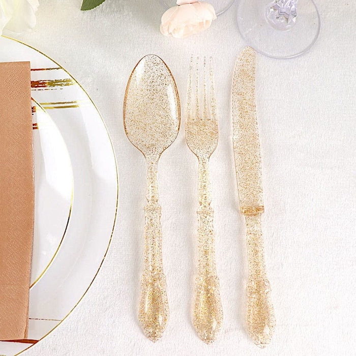 24 Gold Glittered Clear Heavy Duty Plastic Cutlery - Disposable Tableware DSP_YY0014_8_GOLD