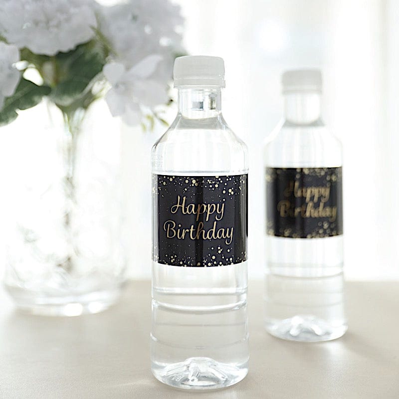 24 Happy Birthday Stickers Party Water Bottle Labels - Black and Gold STK_BOTT_BDAY01_BKGD