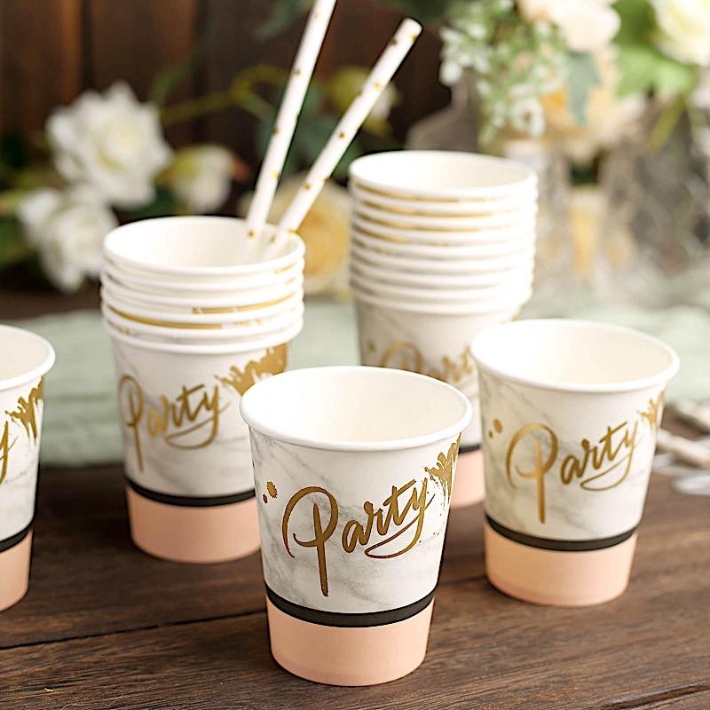 24 Marble 9 oz White with Blush All Purpose Paper Cups - Disposable Tableware DSP_PCUP_001_9_MAB046