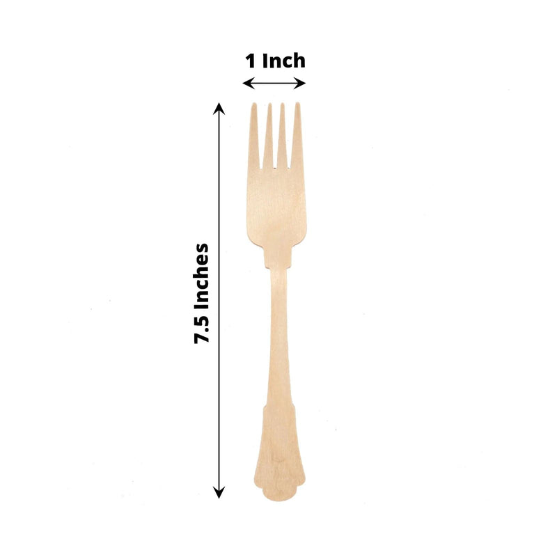 24 Natural 7.5" Baroque Design Birchwood Forks - Disposable Tableware BIRC_F042_F