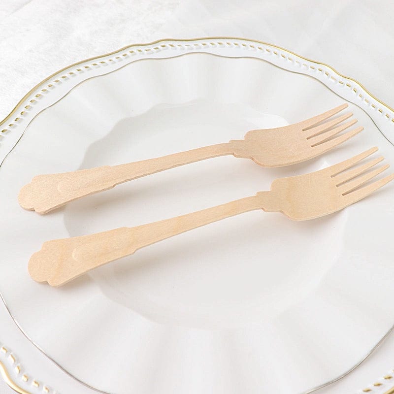 24 Natural 7.5" Baroque Design Birchwood Forks - Disposable Tableware BIRC_F042_F