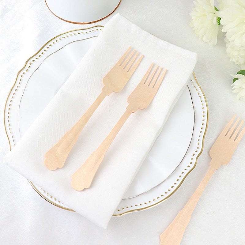 24 Natural 7.5" Baroque Design Birchwood Forks - Disposable Tableware BIRC_F042_F