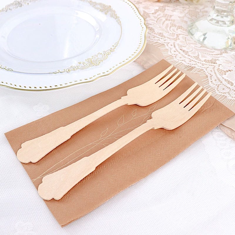 24 Natural 7.5" Baroque Design Birchwood Forks - Disposable Tableware BIRC_F042_F