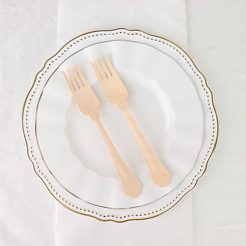 24 Natural 7.5" Baroque Design Birchwood Forks - Disposable Tableware BIRC_F042_F