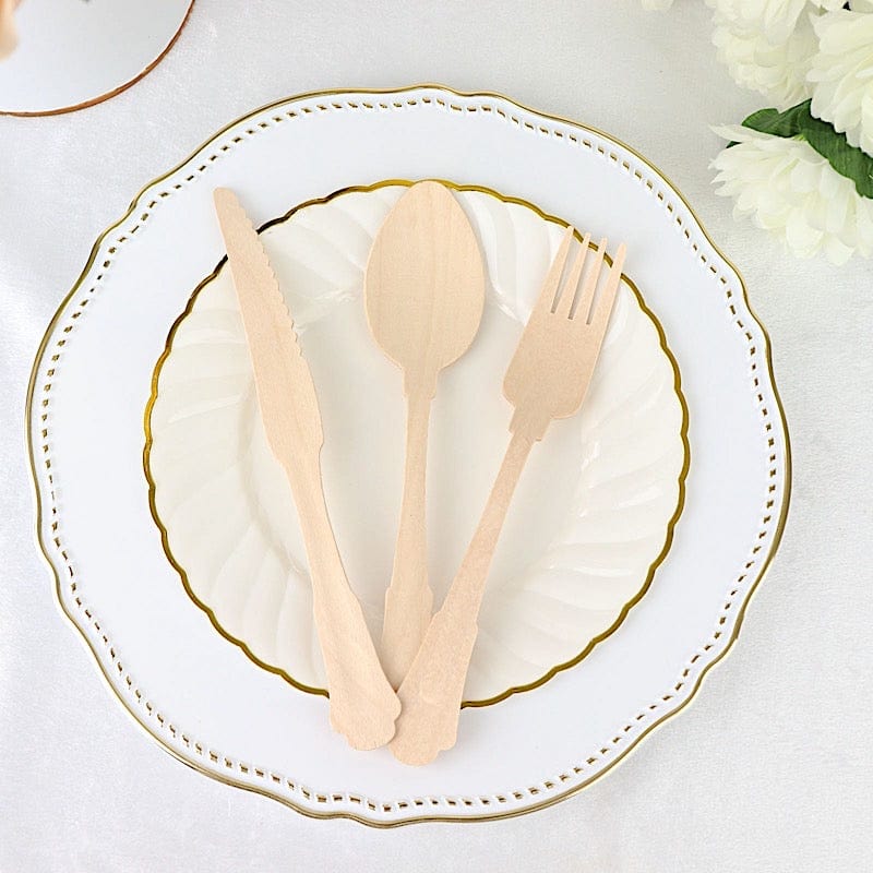 24 Natural Birchwood Cutlery Baroque Design Spoons Forks Knives Set - Disposable Tableware BIRC_F042_YY