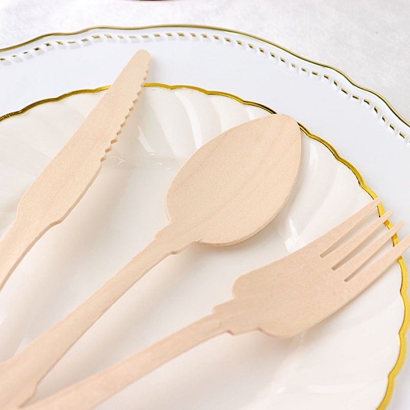 24 Natural Birchwood Cutlery Baroque Design Spoons Forks Knives Set - Disposable Tableware BIRC_F042_YY