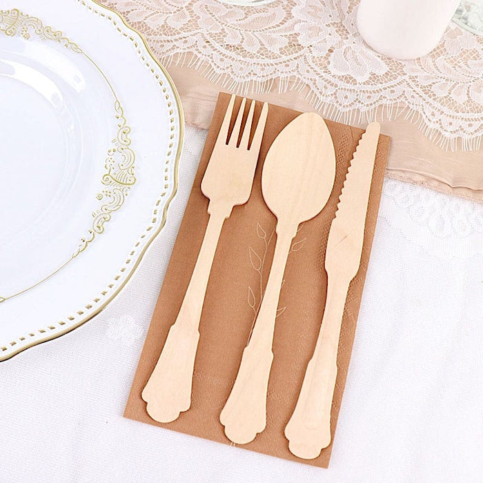 24 Natural Birchwood Cutlery Baroque Design Spoons Forks Knives Set - Disposable Tableware BIRC_F042_YY