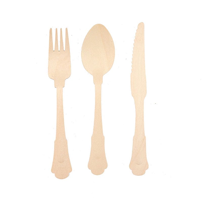 24 Natural Birchwood Cutlery Baroque Design Spoons Forks Knives Set - Disposable Tableware BIRC_F042_YY