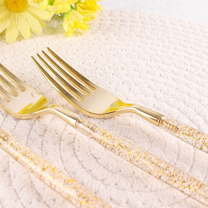 24 pcs 8" Clear and Gold Glittered Plastic Forks - Disposable Tableware DSP_YF0013_8_GOLD