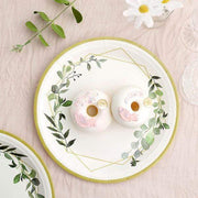 24 pcs 9" Round Dinner Paper Plates Geometric Eucalyptus Gold Rim Design -White DSP_PPR0010_9_GOLD