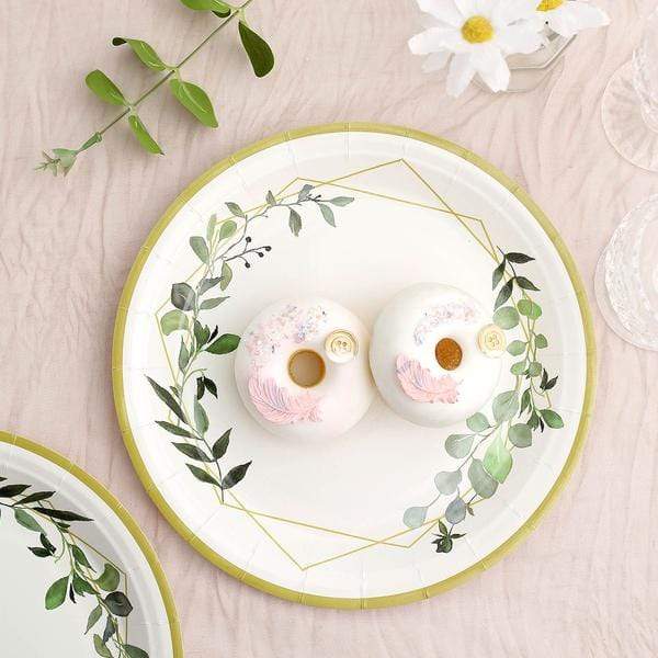 24 pcs 9" Round Dinner Paper Plates Geometric Eucalyptus Gold Rim Design -White DSP_PPR0010_9_GOLD