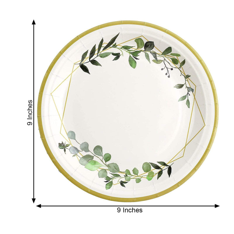 24 pcs 9" Round Dinner Paper Plates Geometric Eucalyptus Gold Rim Design -White DSP_PPR0010_9_GOLD