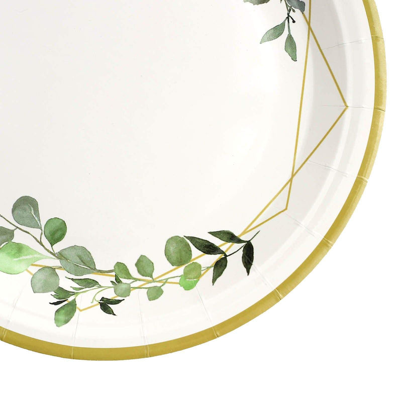 24 pcs 9" Round Dinner Paper Plates Geometric Eucalyptus Gold Rim Design -White DSP_PPR0010_9_GOLD