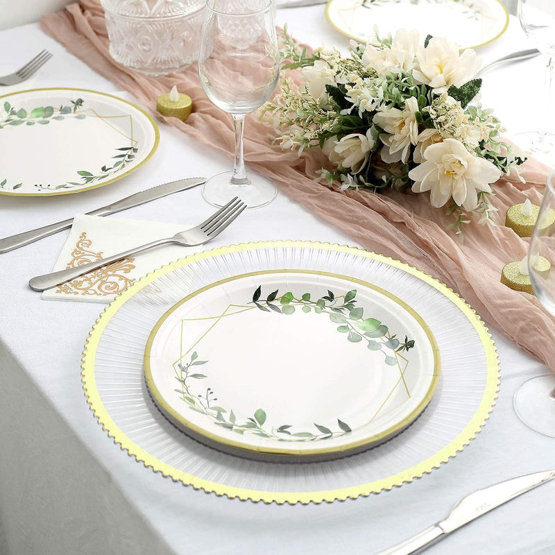 24 pcs 9" Round Dinner Paper Plates Geometric Eucalyptus Gold Rim Design -White DSP_PPR0010_9_GOLD