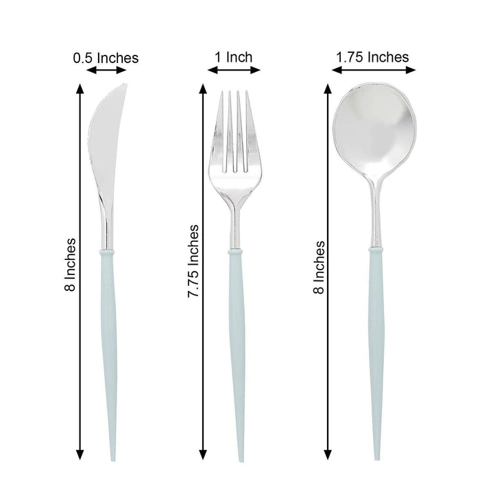 24 pcs Silver with Blue Plastic Cutlery Spoon Fork Knife Set - Disposable Tableware DSP_YY0010_8_SV_BLUE