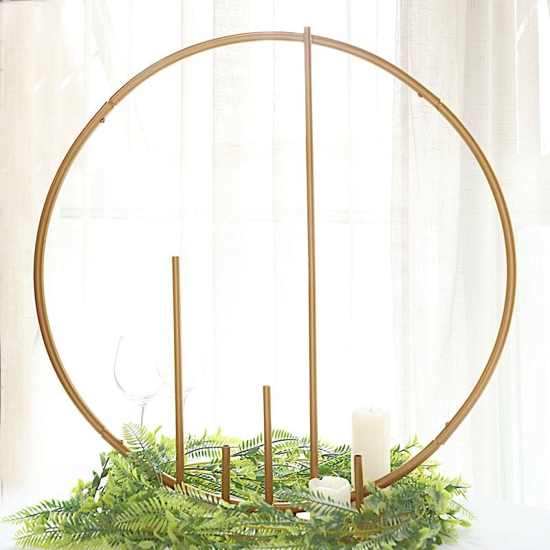 24" Round Metal Floral Hoop with Pillars Standing Wreath Table Centerpiece - Gold WOD_HOPMET9_24_GOLD