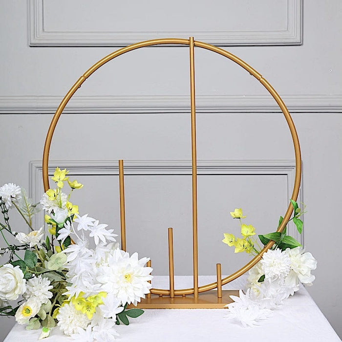 24" Round Metal Floral Hoop with Pillars Standing Wreath Table Centerpiece - Gold WOD_HOPMET9_24_GOLD