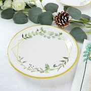 24 Round Paper Salad and Dinner Plates with Eucalyptus Geometric Gold Rim - White