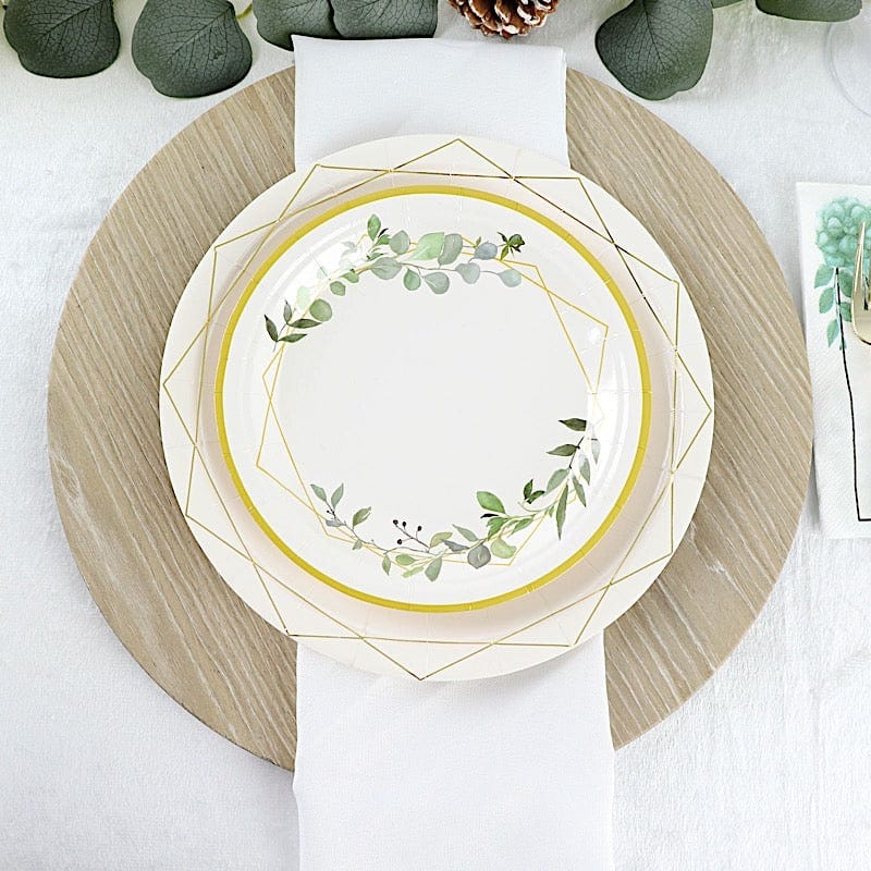 24 Round Paper Salad and Dinner Plates with Eucalyptus Geometric Gold Rim - White