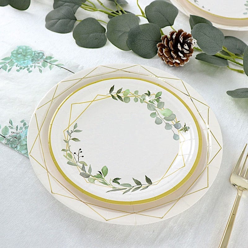 24 Round Paper Salad and Dinner Plates with Eucalyptus Geometric Gold Rim - White