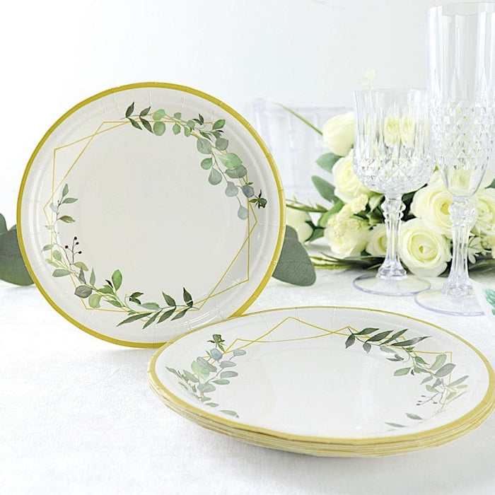 24 Round Paper Salad and Dinner Plates with Eucalyptus Geometric Gold Rim - White