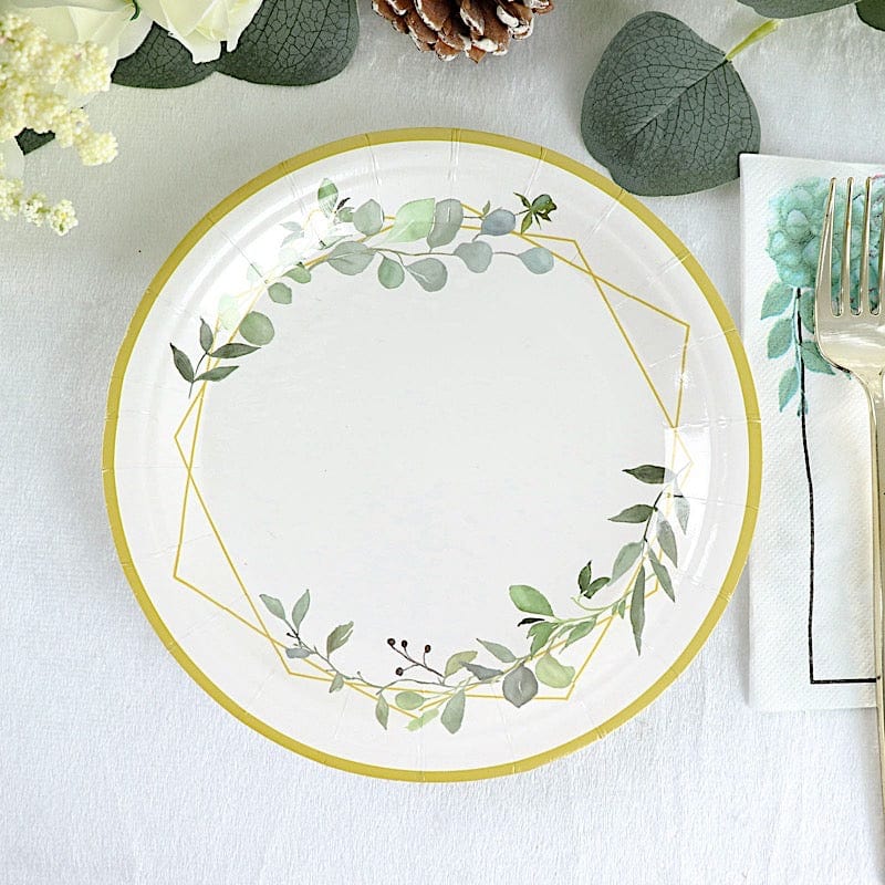 24 Round Paper Salad and Dinner Plates with Eucalyptus Geometric Gold Rim - White
