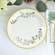 24 Round Paper Salad and Dinner Plates with Eucalyptus Geometric Gold Rim - White