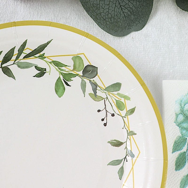24 Round Paper Salad and Dinner Plates with Eucalyptus Geometric Gold Rim - White