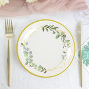 24 Round Paper Salad and Dinner Plates with Eucalyptus Geometric Gold Rim - White