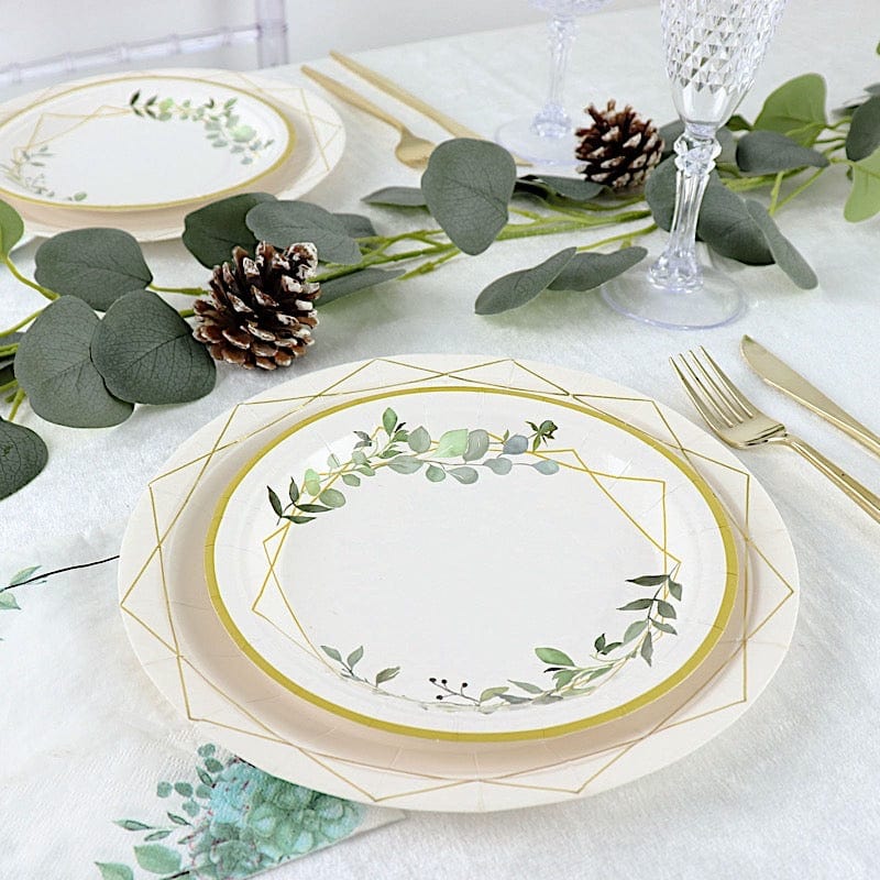 24 Round Paper Salad and Dinner Plates with Eucalyptus Geometric Gold Rim - White