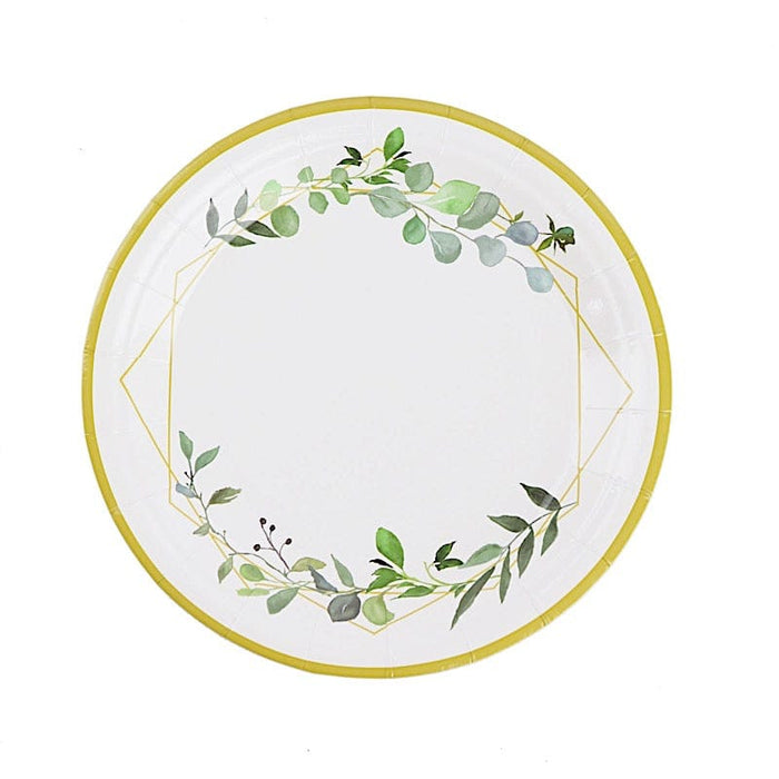 24 Round Paper Salad and Dinner Plates with Eucalyptus Geometric Gold Rim - White DSP_PPR0010_7_GOLD