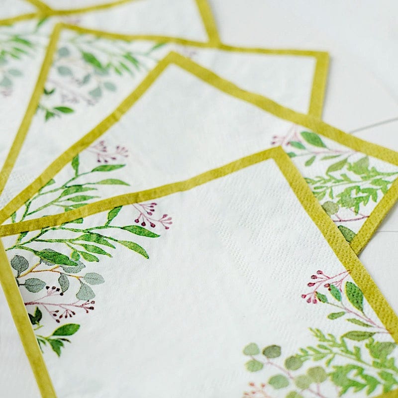 24 Square 10" Leaves Design 2-Ply Paper Dinner Napkins with Gold Rim - White NAP_BEV10_GOLD