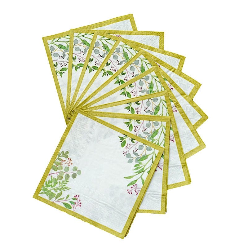 24 Square 10" Leaves Design 2-Ply Paper Dinner Napkins with Gold Rim - White NAP_BEV10_GOLD