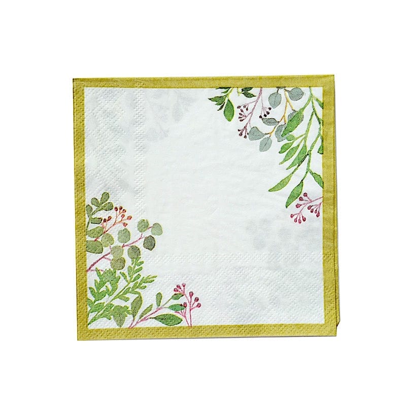 24 Square 10" Leaves Design 2-Ply Paper Dinner Napkins with Gold Rim - White NAP_BEV10_GOLD