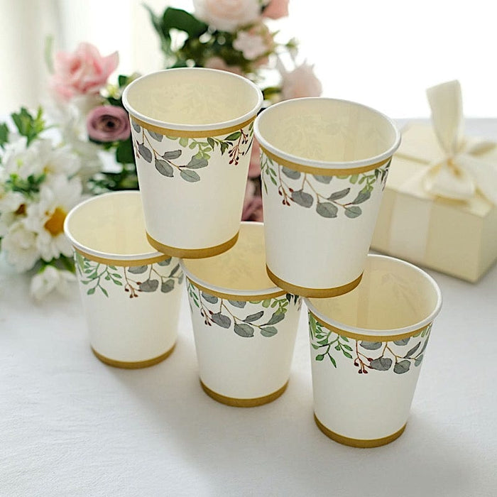 24 White 9 oz Paper Cups with Greenery Design and Gold Rim - Disposable Tableware DSP_PCUP_010_9_GOLD