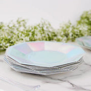 25 Decagonal Iridescent Salad Dinner Paper Plates - Disposable Tableware