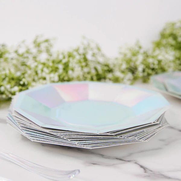 25 Decagonal Iridescent Salad Dinner Paper Plates - Disposable Tableware