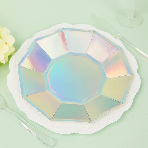 25 Decagonal Iridescent Salad Dinner Paper Plates - Disposable Tableware
