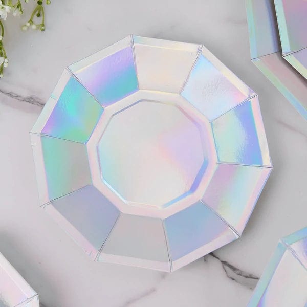 25 Decagonal Iridescent Salad Dinner Paper Plates - Disposable Tableware