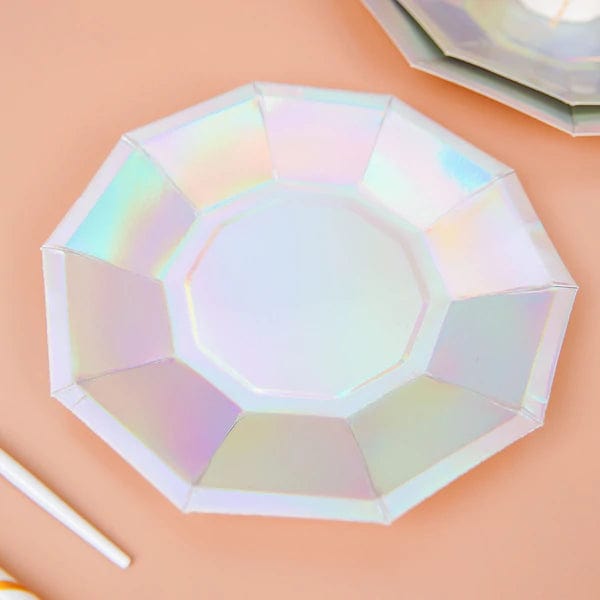 25 Decagonal Iridescent Salad Dinner Paper Plates - Disposable Tableware