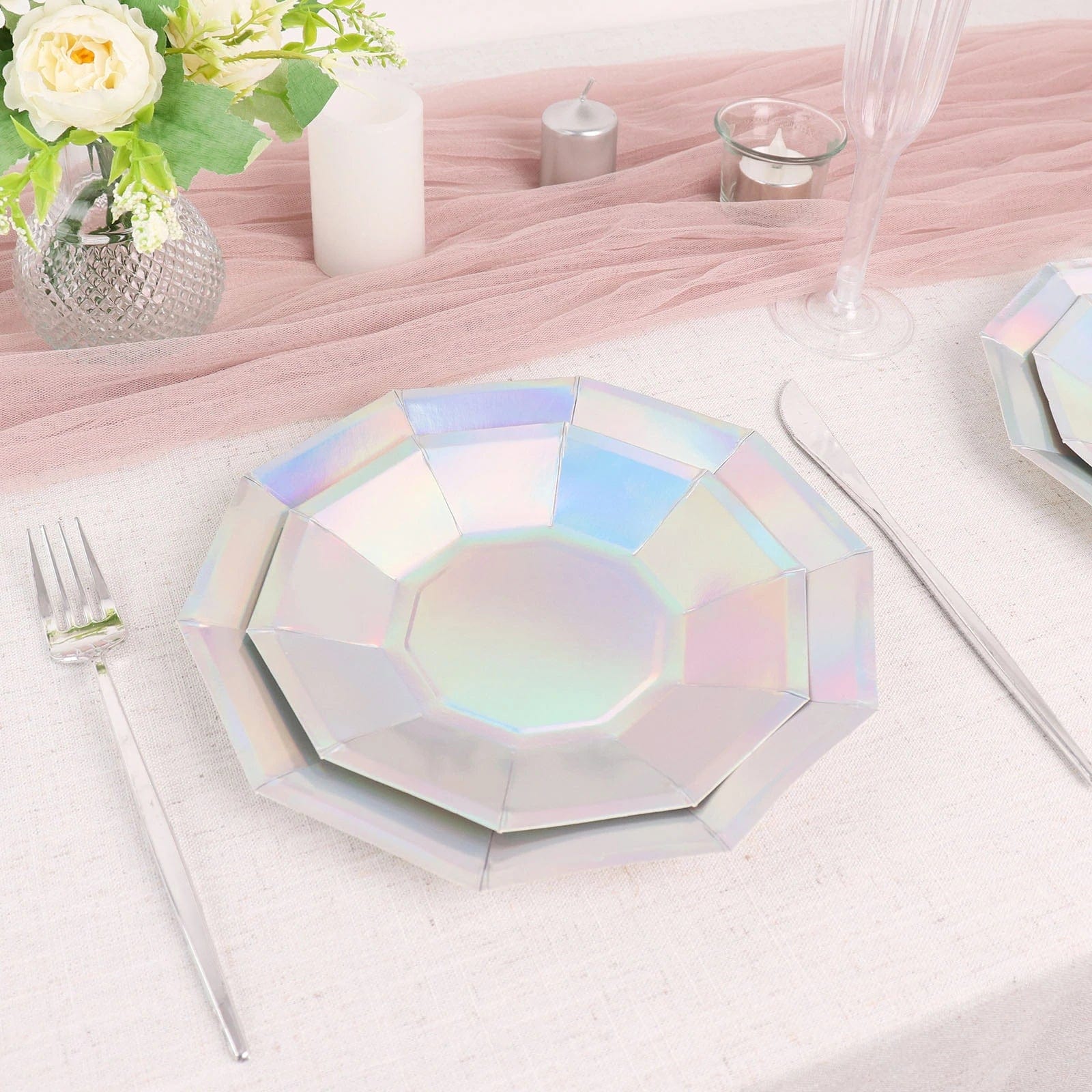 25 Decagonal Iridescent Salad Dinner Paper Plates - Disposable Tableware